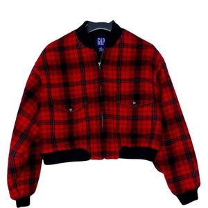 Vintage 90 Gap Red Plaid Wool Zip-Front Bomber Jacket Size Medium